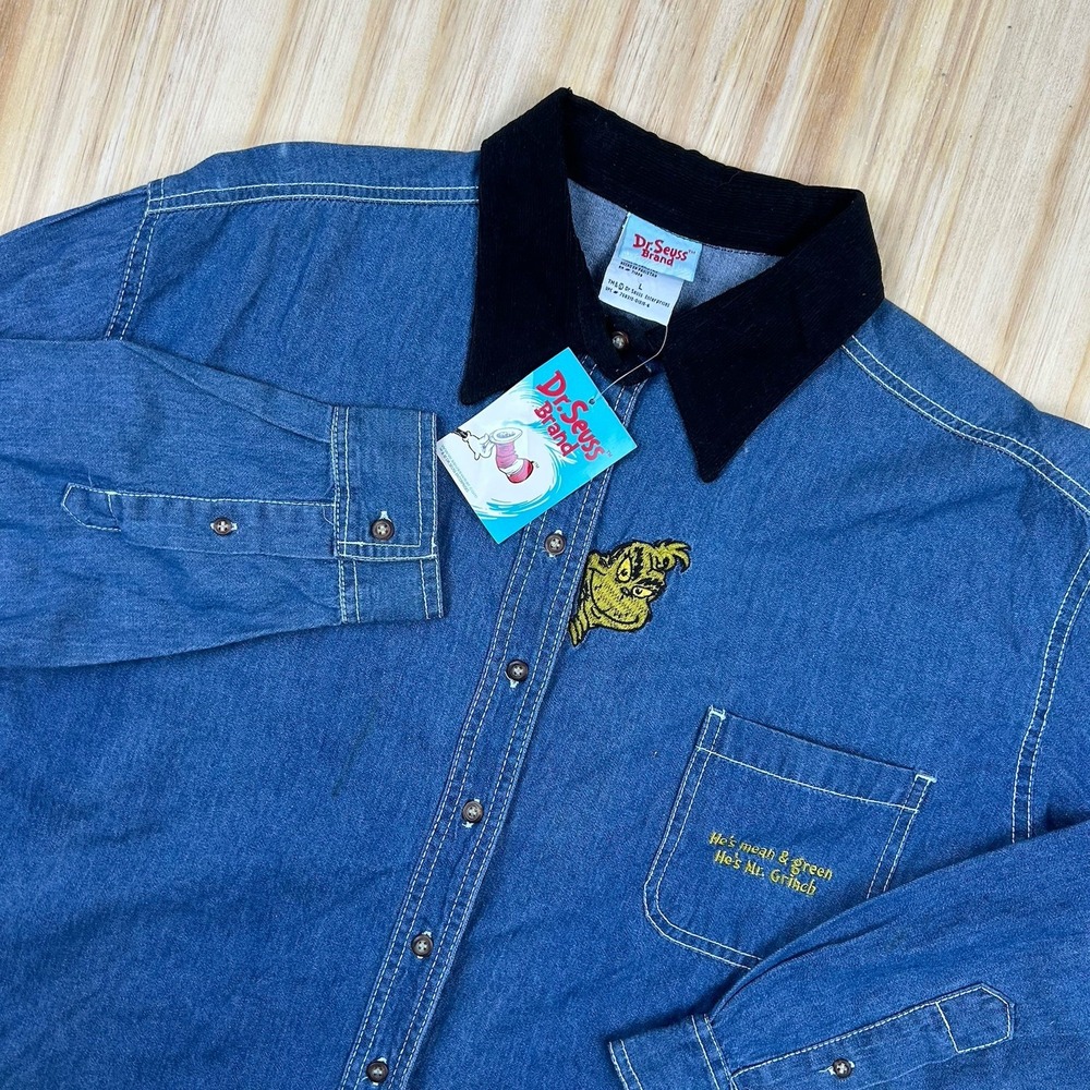 Vintage Dr. Seuss The Grinch Embroidered Denim Shirt Large Christmas Deadstock - Picture 1 of 11